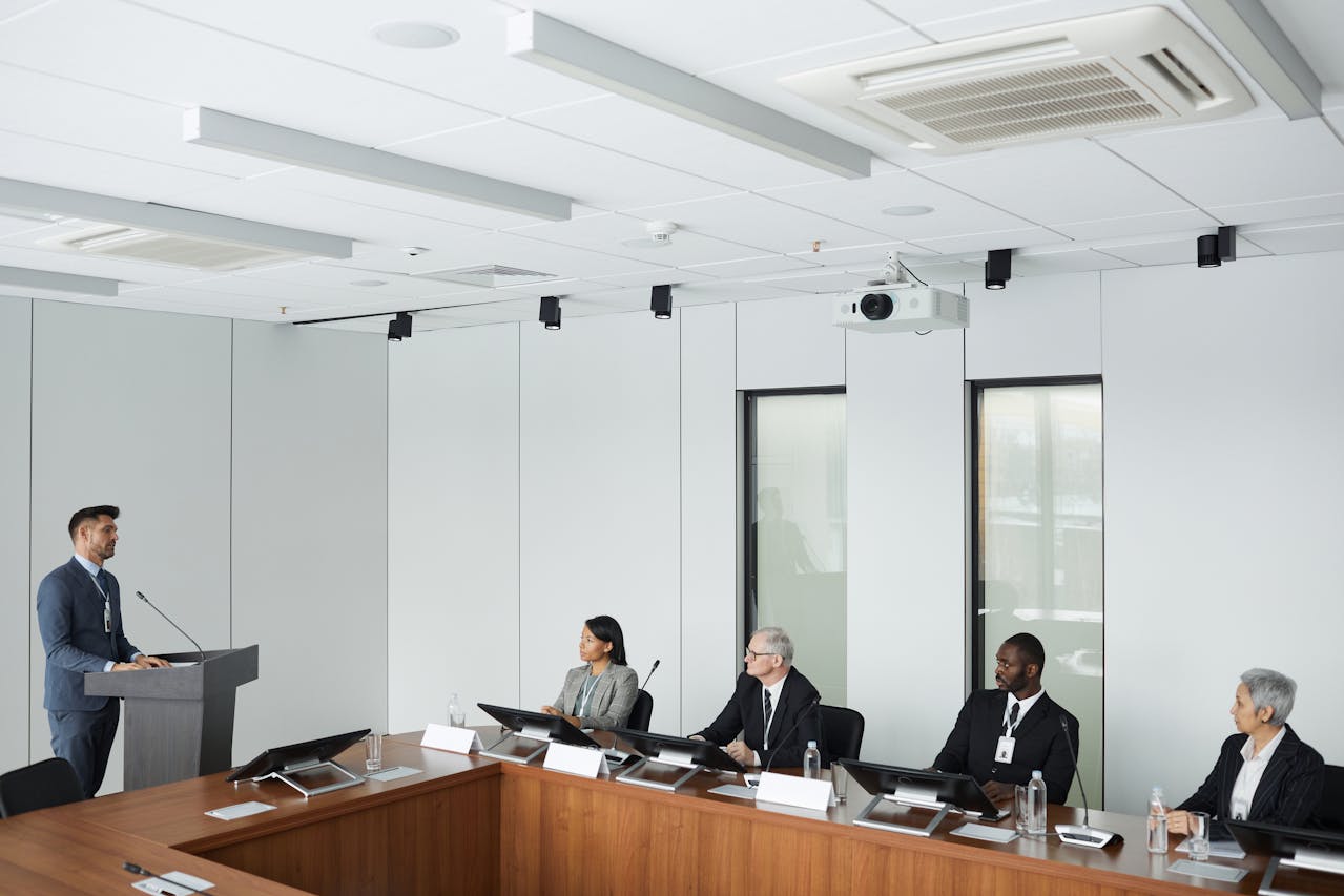 Professional audio solutions setup in modern boardroom conference space