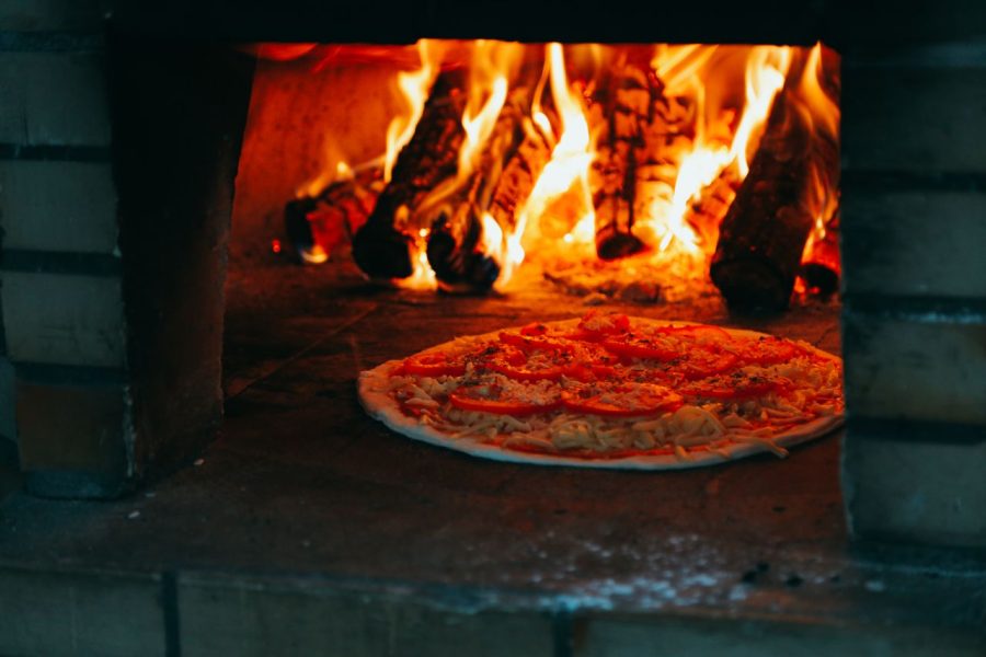 Pizza oven showing high cooking temperature